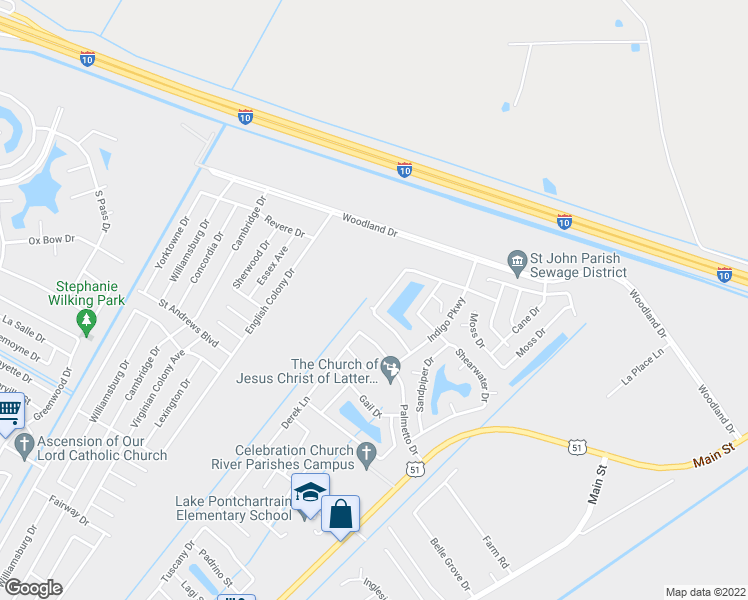 map of restaurants, bars, coffee shops, grocery stores, and more near 54 Ridgewood Drive in LaPlace