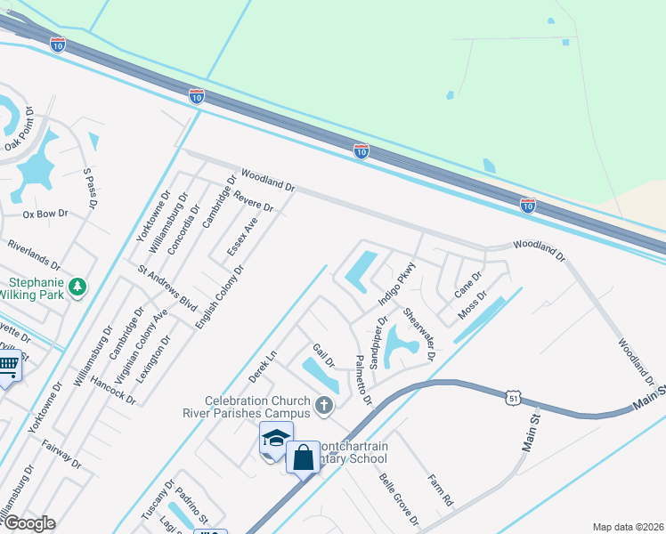 map of restaurants, bars, coffee shops, grocery stores, and more near 54 Ridgewood Drive in LaPlace