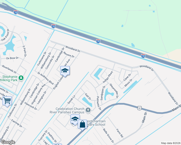 map of restaurants, bars, coffee shops, grocery stores, and more near 54 Ridgewood Drive in LaPlace