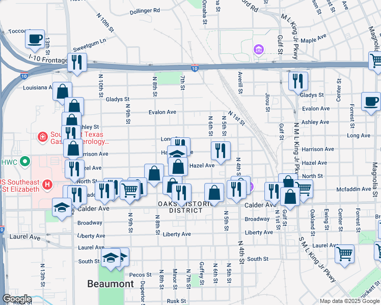 map of restaurants, bars, coffee shops, grocery stores, and more near 2300 Harrison Avenue in Beaumont