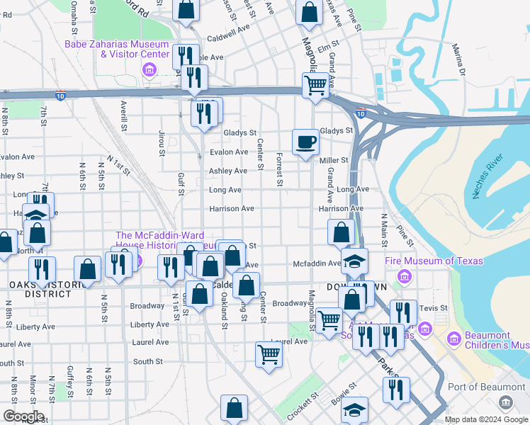 map of restaurants, bars, coffee shops, grocery stores, and more near 1197 Harrison Avenue in Beaumont