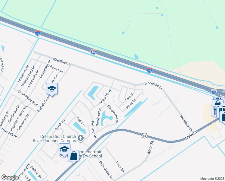 map of restaurants, bars, coffee shops, grocery stores, and more near 17 Moss Drive in LaPlace