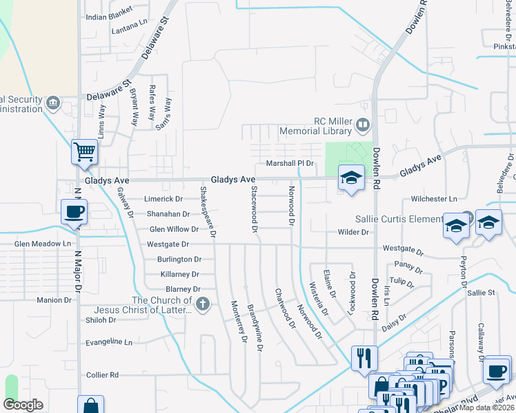 map of restaurants, bars, coffee shops, grocery stores, and more near 1335 Stacewood Drive in Beaumont