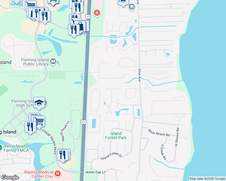 map of restaurants, bars, coffee shops, grocery stores, and more near 450 Garden View Terrace in Orange Park