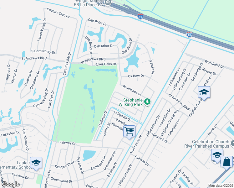 map of restaurants, bars, coffee shops, grocery stores, and more near 2233 Greenwood Drive in LaPlace