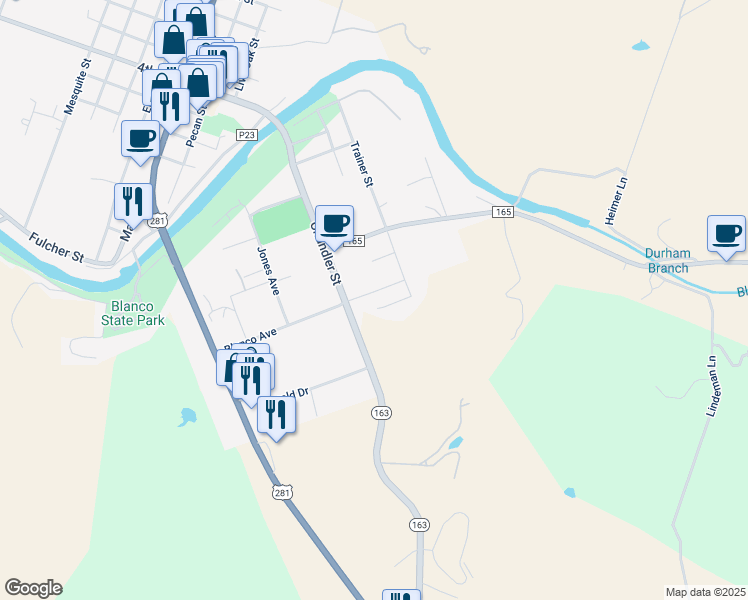 map of restaurants, bars, coffee shops, grocery stores, and more near 612 Blanco Avenue in Blanco