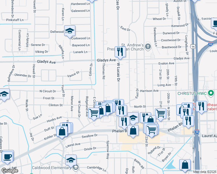 map of restaurants, bars, coffee shops, grocery stores, and more near 940 Thomas Road in Beaumont