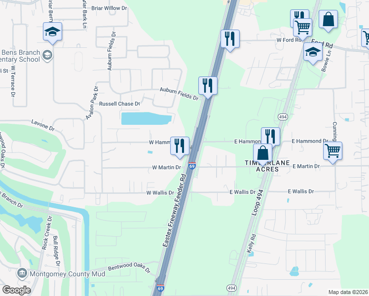 map of restaurants, bars, coffee shops, grocery stores, and more near 24642 U.S. 59 in Porter