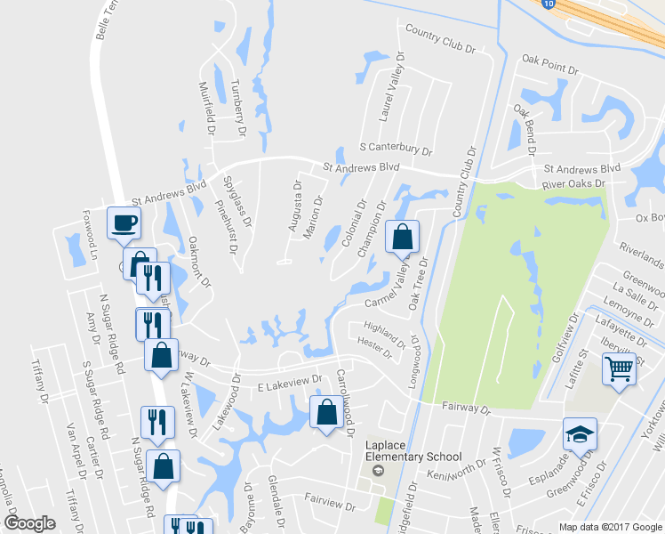 map of restaurants, bars, coffee shops, grocery stores, and more near 2045 Colonial Drive in LaPlace