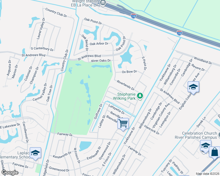 map of restaurants, bars, coffee shops, grocery stores, and more near 2233 Greenwood Drive in LaPlace