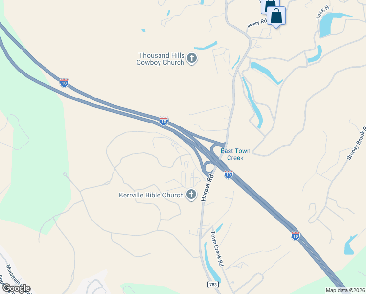 map of restaurants, bars, coffee shops, grocery stores, and more near Harper Road in Kerrville