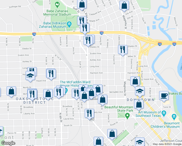 map of restaurants, bars, coffee shops, grocery stores, and more near 1401 Harrison Avenue in Beaumont
