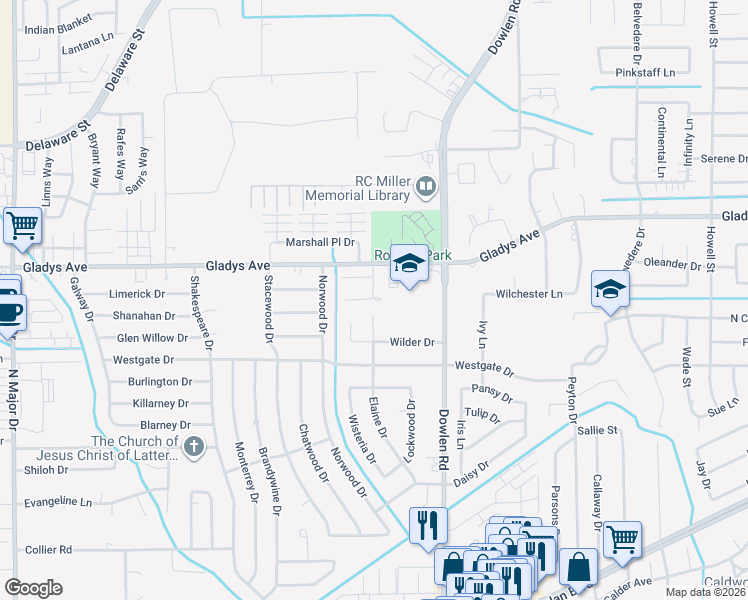 map of restaurants, bars, coffee shops, grocery stores, and more near 6500 Windwood Lane in Beaumont