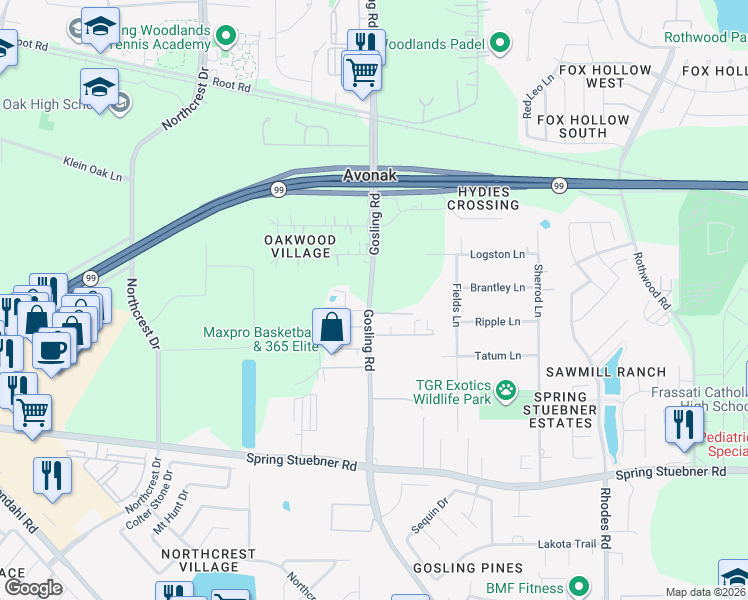 map of restaurants, bars, coffee shops, grocery stores, and more near 22414 Gosling Road in Spring