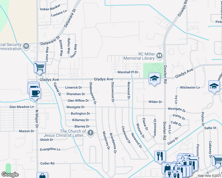 map of restaurants, bars, coffee shops, grocery stores, and more near 1335 Stacewood Drive in Beaumont