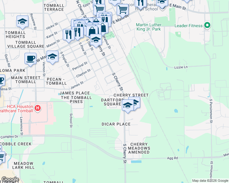 map of restaurants, bars, coffee shops, grocery stores, and more near 914 Hawthorne Court in Tomball
