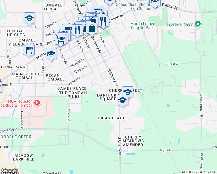 map of restaurants, bars, coffee shops, grocery stores, and more near 914 Hawthorne Court in Tomball