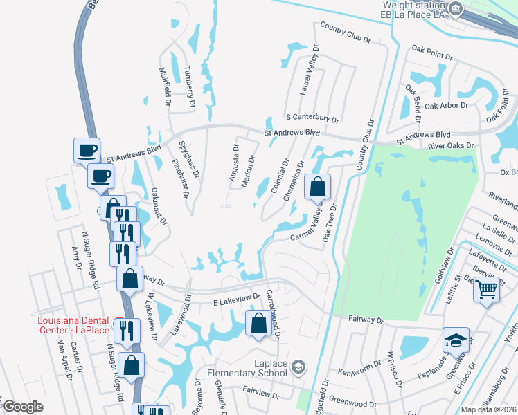 map of restaurants, bars, coffee shops, grocery stores, and more near 2045 Colonial Drive in LaPlace