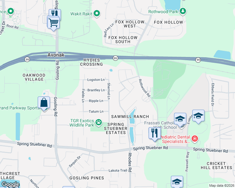 map of restaurants, bars, coffee shops, grocery stores, and more near 22406 Sherrod Lane in Spring