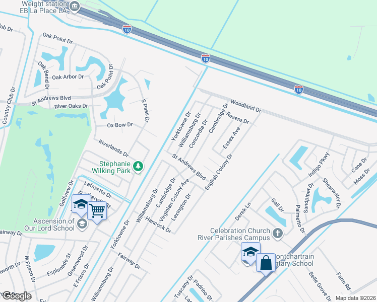 map of restaurants, bars, coffee shops, grocery stores, and more near 2720 Concordia Drive in LaPlace