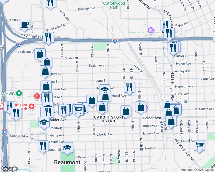 map of restaurants, bars, coffee shops, grocery stores, and more near 2300 Harrison Avenue in Beaumont