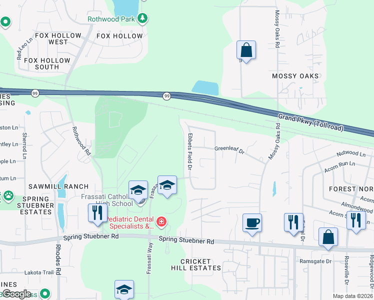 map of restaurants, bars, coffee shops, grocery stores, and more near 22423 Ebbets Field Drive in Spring