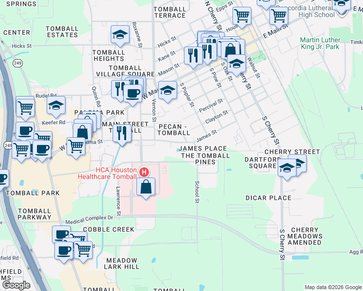 map of restaurants, bars, coffee shops, grocery stores, and more near 729 James Street in Tomball