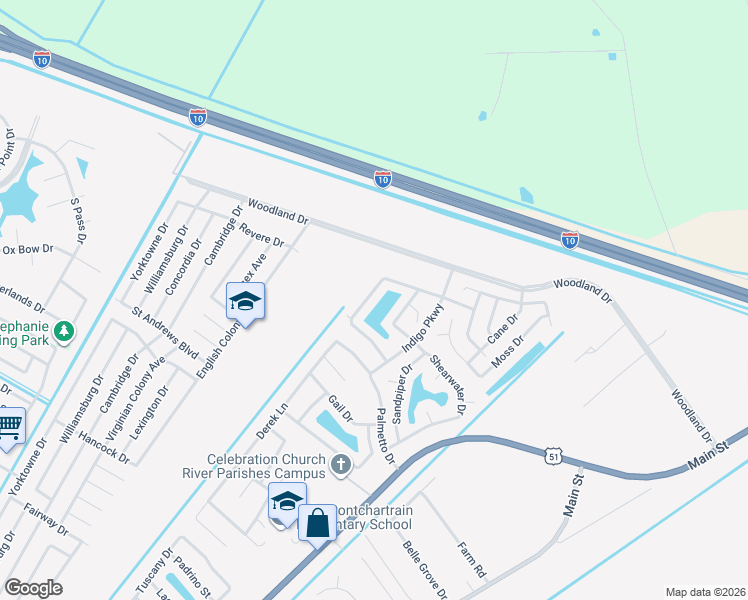 map of restaurants, bars, coffee shops, grocery stores, and more near 45 Ridgewood Drive in LaPlace