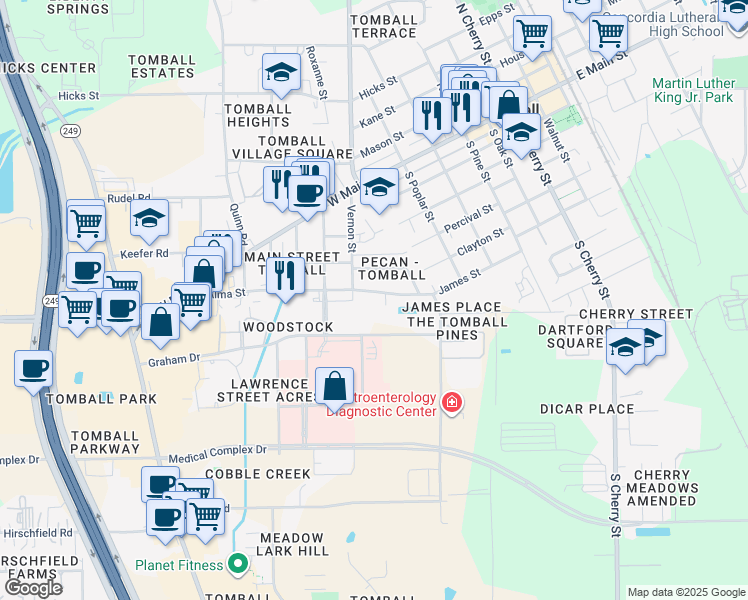 map of restaurants, bars, coffee shops, grocery stores, and more near 741 James Street in Tomball