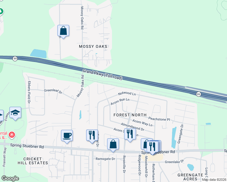 map of restaurants, bars, coffee shops, grocery stores, and more near 3715 Oaklace Drive in Spring