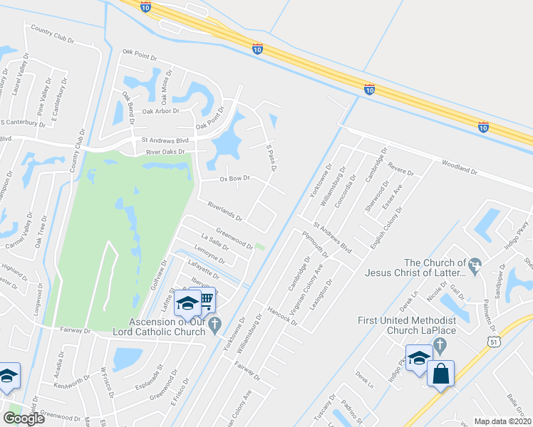 map of restaurants, bars, coffee shops, grocery stores, and more near 255 Riverlands Drive in LaPlace