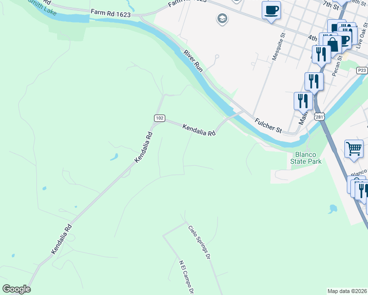 map of restaurants, bars, coffee shops, grocery stores, and more near 103 Rio Grande Drive in Blanco