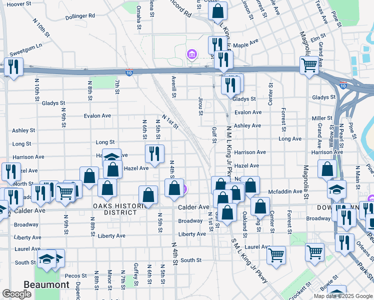 map of restaurants, bars, coffee shops, grocery stores, and more near 1898 Harrison Ave in Beaumont