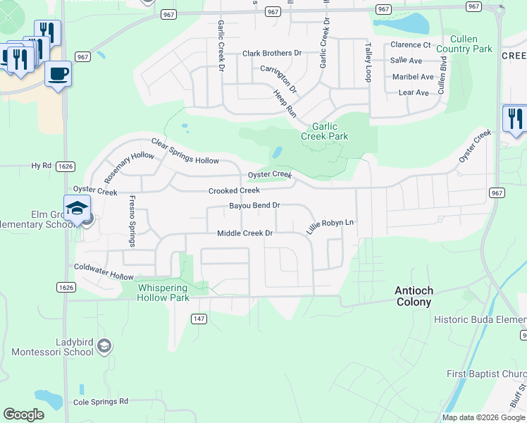 map of restaurants, bars, coffee shops, grocery stores, and more near 121 Camp Creek Court in Buda