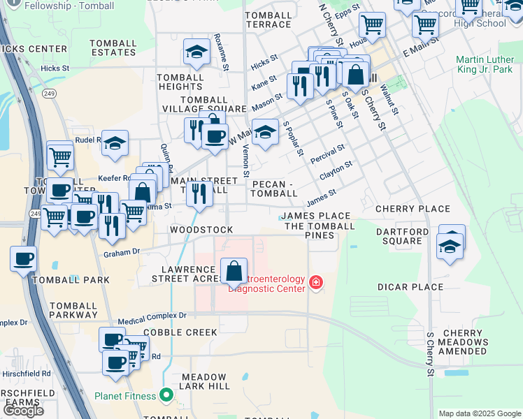 map of restaurants, bars, coffee shops, grocery stores, and more near 741 James Street in Tomball