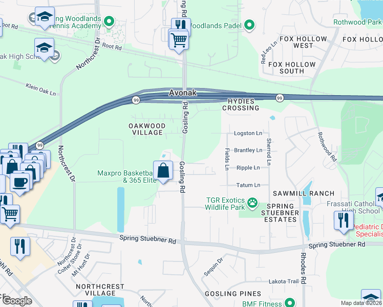 map of restaurants, bars, coffee shops, grocery stores, and more near 22414 Gosling Road in Spring