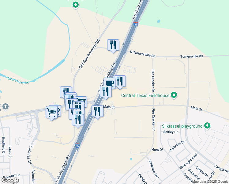 map of restaurants, bars, coffee shops, grocery stores, and more near 15295 Interstate 35 in Buda