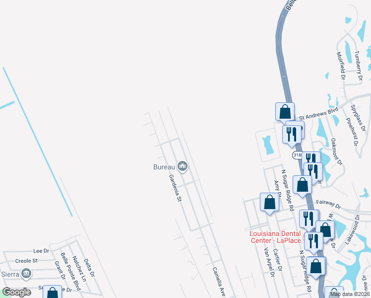 map of restaurants, bars, coffee shops, grocery stores, and more near 652 Camelia Avenue in LaPlace