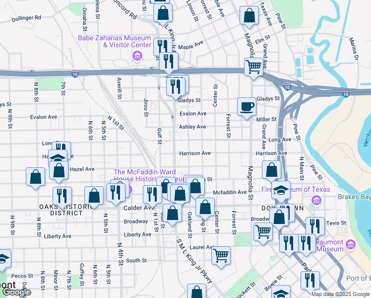 map of restaurants, bars, coffee shops, grocery stores, and more near 1410 Harrison Avenue in Beaumont