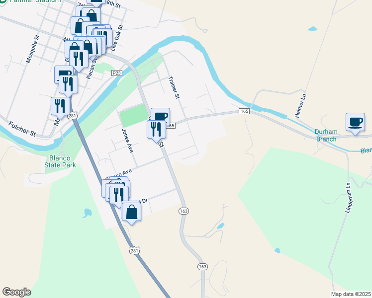 map of restaurants, bars, coffee shops, grocery stores, and more near 612 Blanco Avenue in Blanco