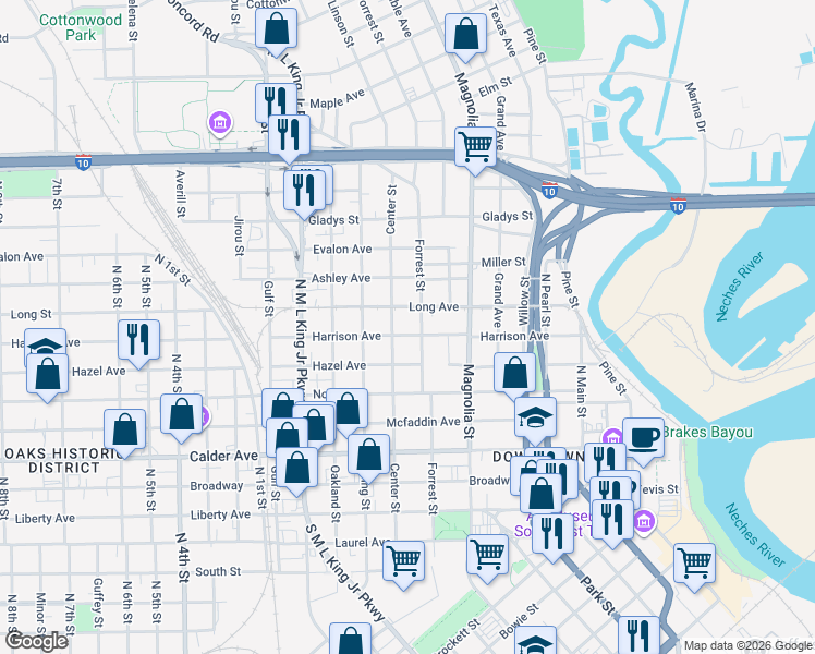 map of restaurants, bars, coffee shops, grocery stores, and more near 1197 Harrison Avenue in Beaumont