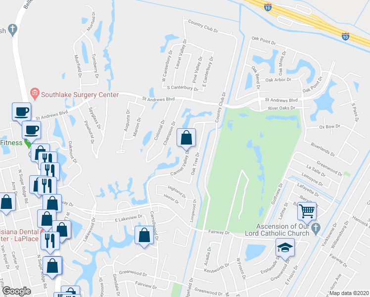 map of restaurants, bars, coffee shops, grocery stores, and more near 2137 Carmel Valley Drive in LaPlace