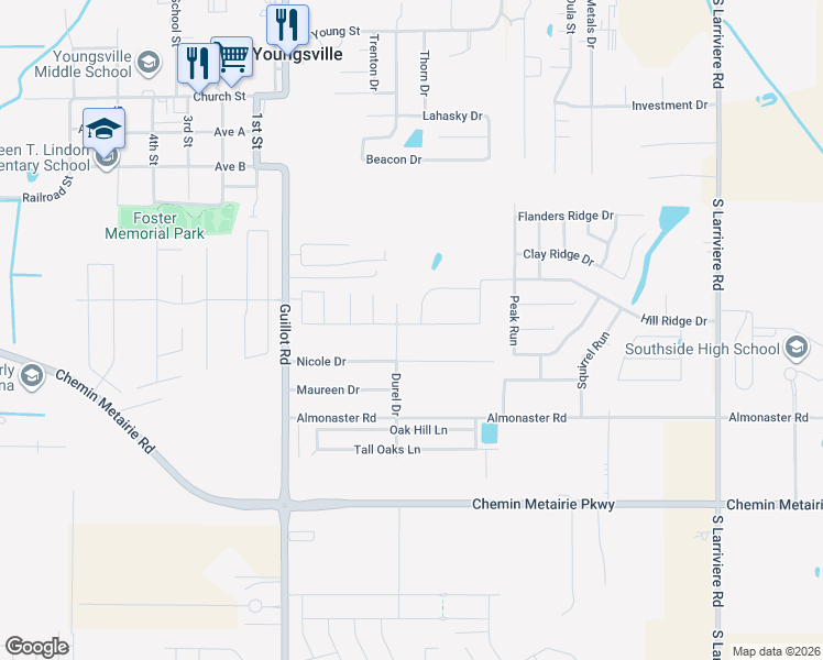map of restaurants, bars, coffee shops, grocery stores, and more near 300 Durel Drive in Youngsville