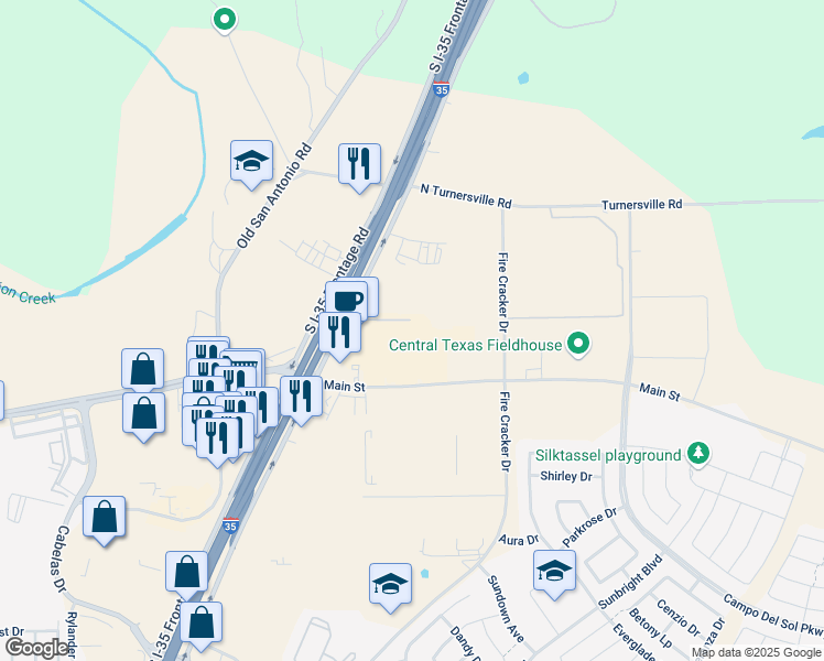 map of restaurants, bars, coffee shops, grocery stores, and more near 15295 Interstate 35 in Buda