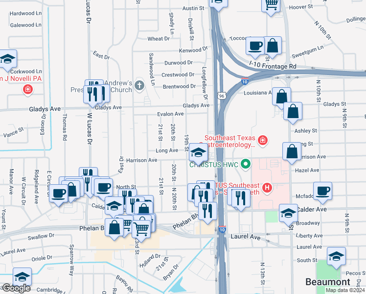 map of restaurants, bars, coffee shops, grocery stores, and more near 975 19th Street in Beaumont