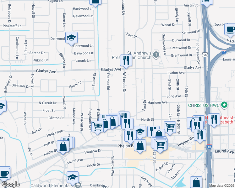 map of restaurants, bars, coffee shops, grocery stores, and more near 940 Thomas Road in Beaumont