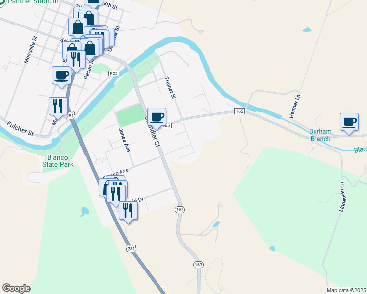 map of restaurants, bars, coffee shops, grocery stores, and more near 612 Blanco Avenue in Blanco