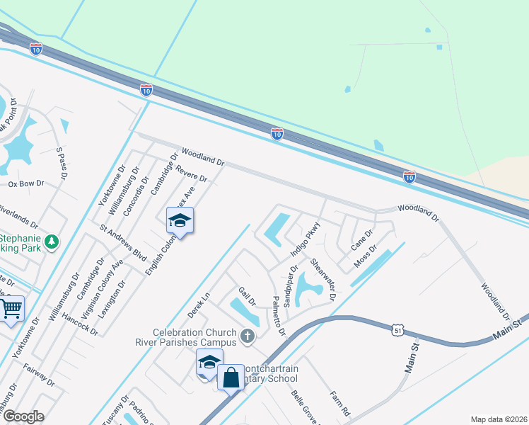 map of restaurants, bars, coffee shops, grocery stores, and more near 45 Ridgewood Drive in LaPlace