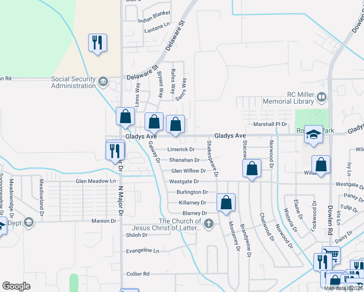 map of restaurants, bars, coffee shops, grocery stores, and more near 7035 Limerick Drive in Beaumont