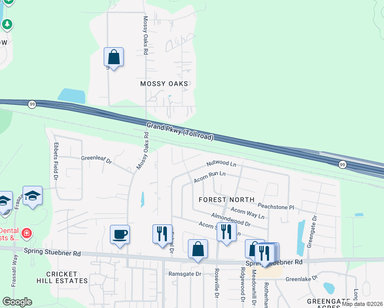 map of restaurants, bars, coffee shops, grocery stores, and more near 3715 Oaklace Drive in Spring